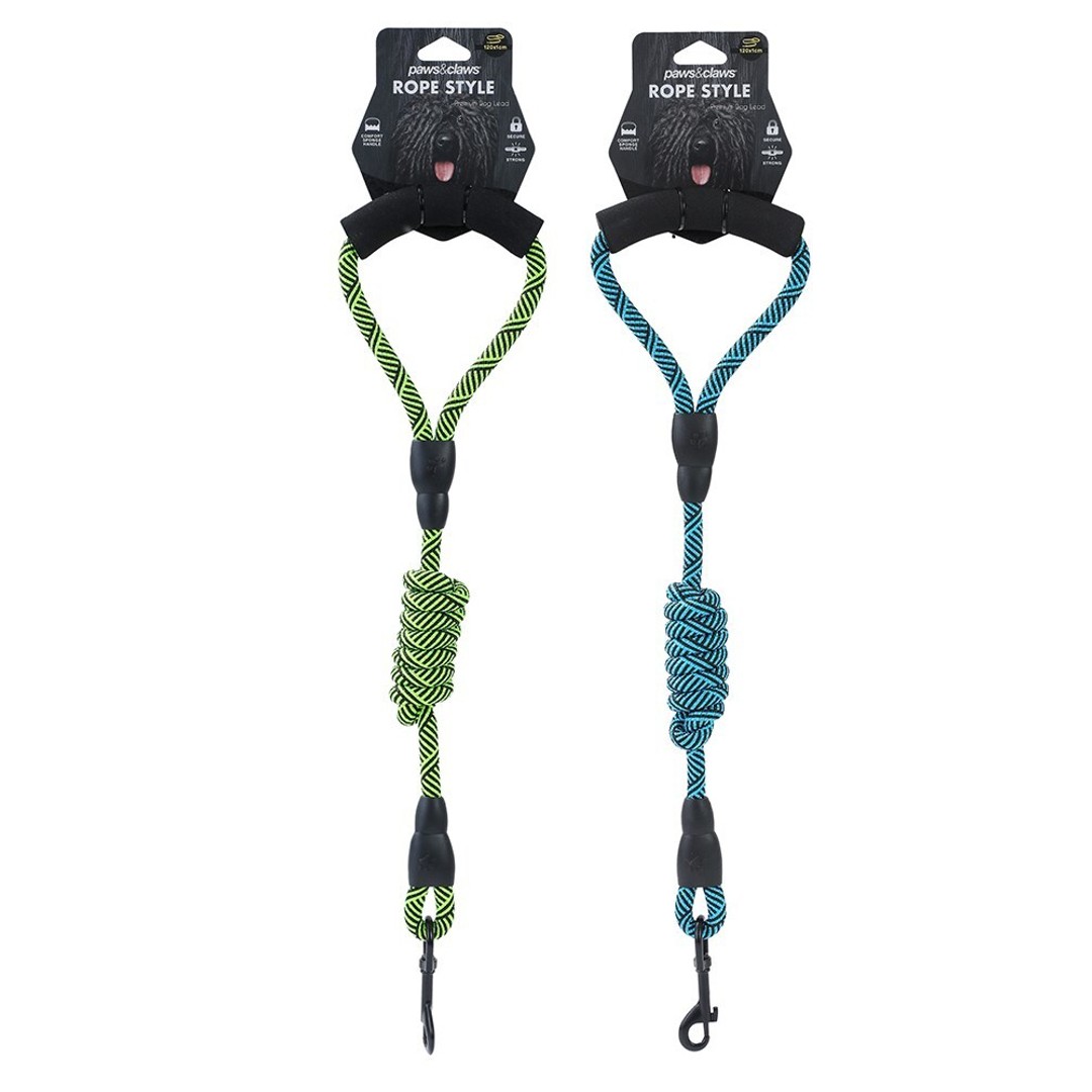 2PK Paws & Claws 120cm Rope Pet Dog Walking Sponge Handle Lead/Leash Assorted