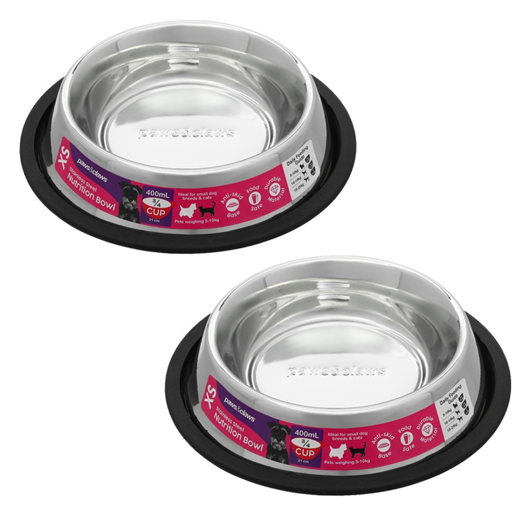 2x Paws & Claws 400ml Stainless Steel Dog/Cat Drinking/Meal Anti-Skid Bowl BLK