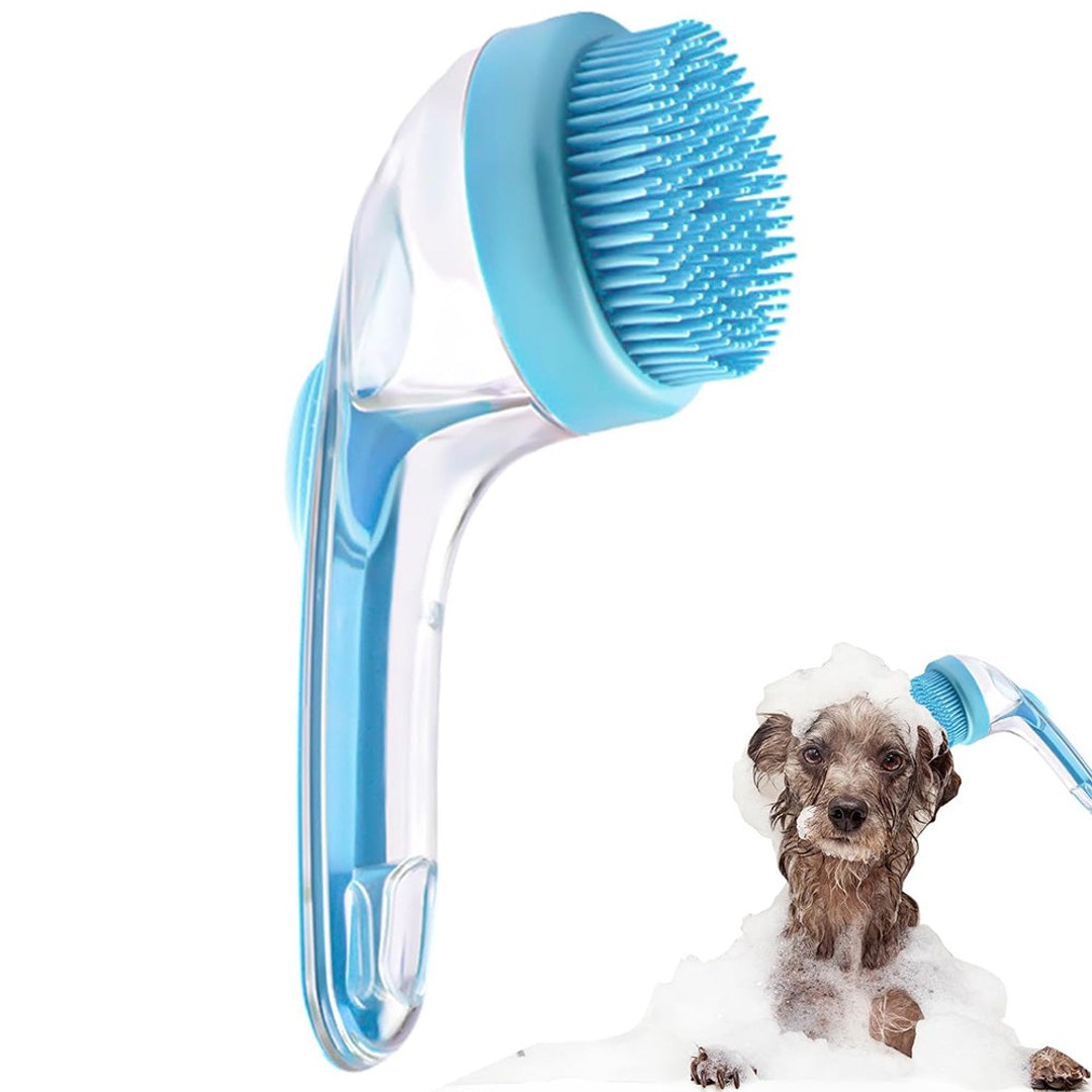 2-in-1 Pet Bath Brush with Built-in Shampoo Dispenser Dog Shampoo Bubble Maker Dog Cat Bathing Grooming Tool Blue