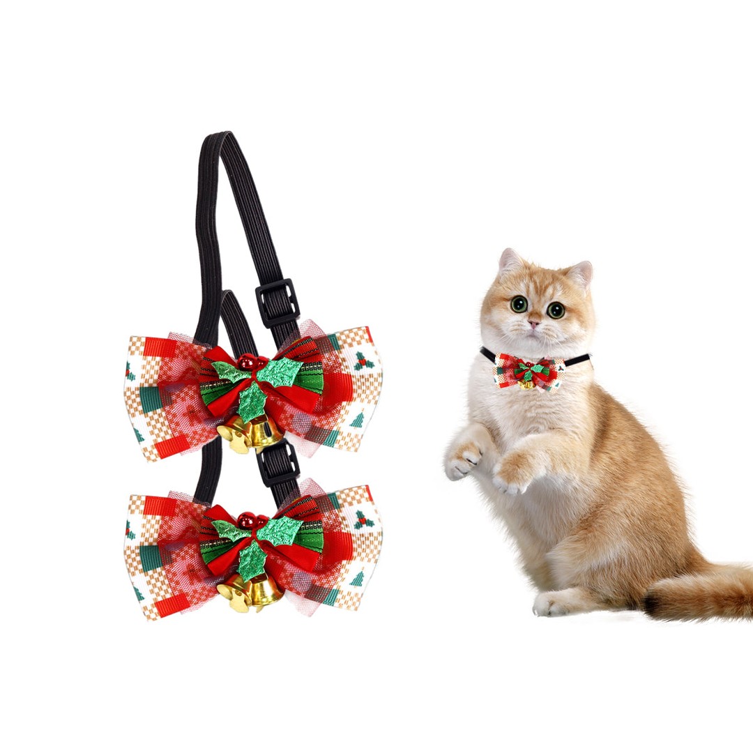 2Pcs Christmas Pet Bow Tie With Bell and Bow Dog Bow Tie Cat Kitten Plaid Collar-Style 2
