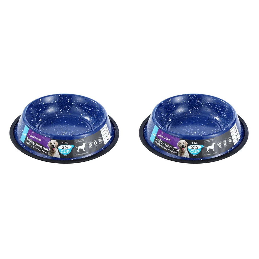 2x Paws & Claws Savoy 1.5L/29cm Pet/Dog Stainless Steel Food Bowl Non-Slip Blue
