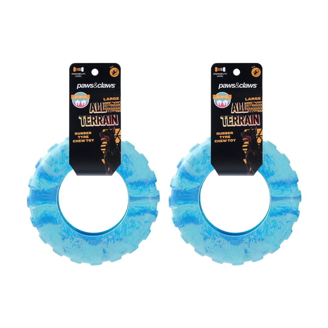 2x Paws And Claws All Terrain Rubber Tyre Dog Chew Toy Large Two-Tone 21x21x5.5cm