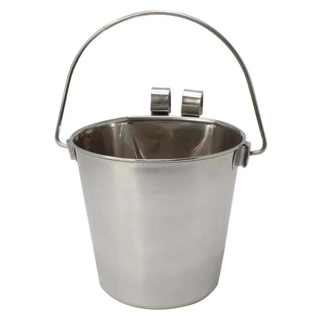 4L Flat Back Stainless Steel Hook Pet Drinking Bowl Hang Feeding Bucket w/Handle
