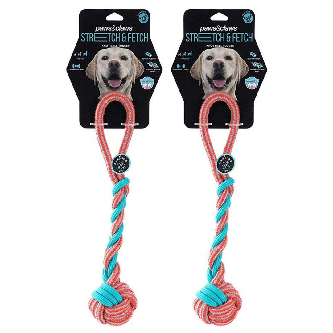 2x Paws & Claws Pet Dog 42cm Stretch/Fetch TPR/Braided Rope Knot Ball Tugger Toy