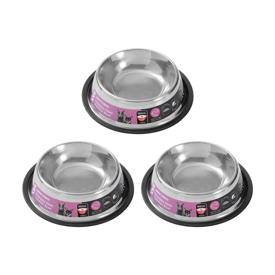 3x Paws And Claws Stainless Steel Pet Cat/Dog Bowl Anti-Skid 150ml Black 15.5x15.5x4cm
