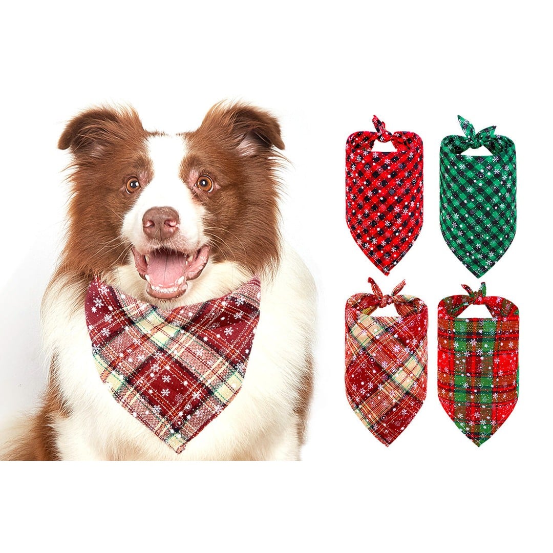4Pcs Snowflakes Christmas Dog Bandana Buffalo Plaid Pet Scarf Dog Triangle Bandana-Each of Style