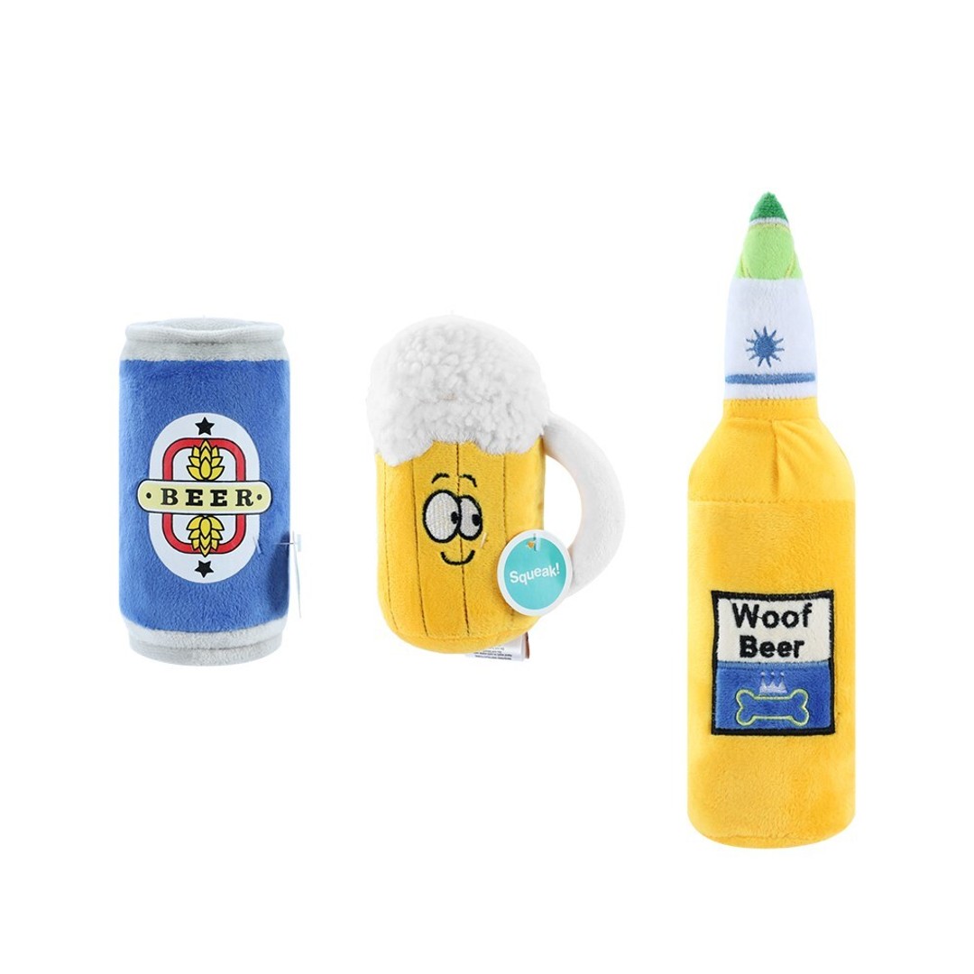3x Paws & Claws Beer Mug/Bottle/Can Plush Stuffed Toy w/ Squeaker Pet Dog/Puppy