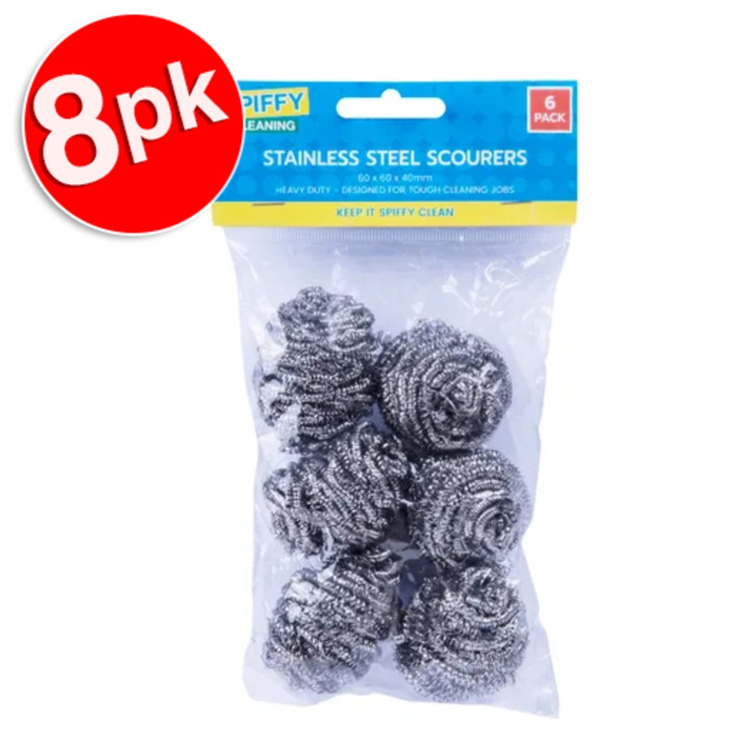 8x 6PK Spiffy 6cm Heavy Duty Stainless Steel Dishwashing Cleaning Scourers Scrub