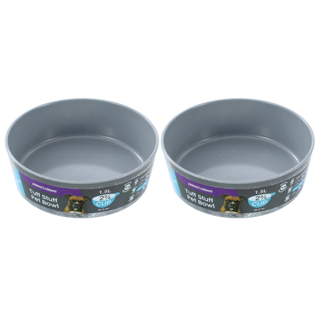 2x Paws & Claws Large 20.5cm/1.5L Tuff Stuff Pet/Dog Bowl Food/Dish Feeder Grey
