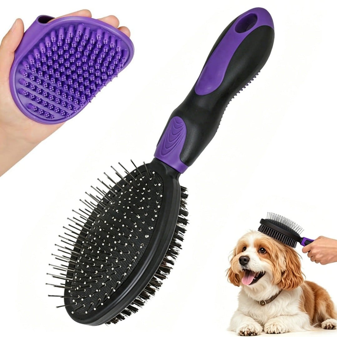 2 Pack Pet Grooming Brush Set Deshedding Double Sided Comb Massage Brush for Cats Dogs Horses-Purple