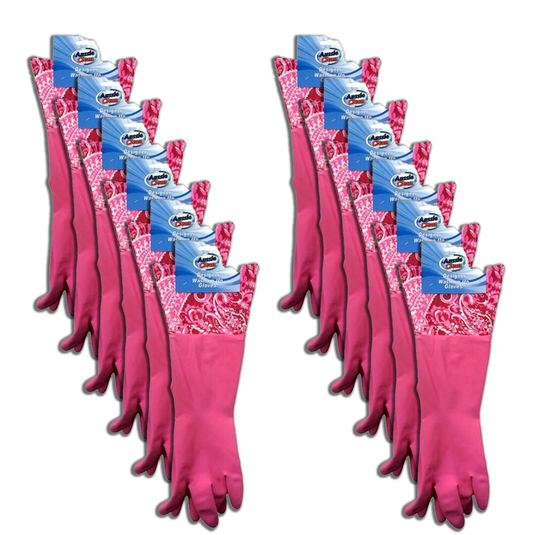 12PK Aussie Clean Designer Durable Rubber Dishwashing/Cleaning Gloves Assorted
