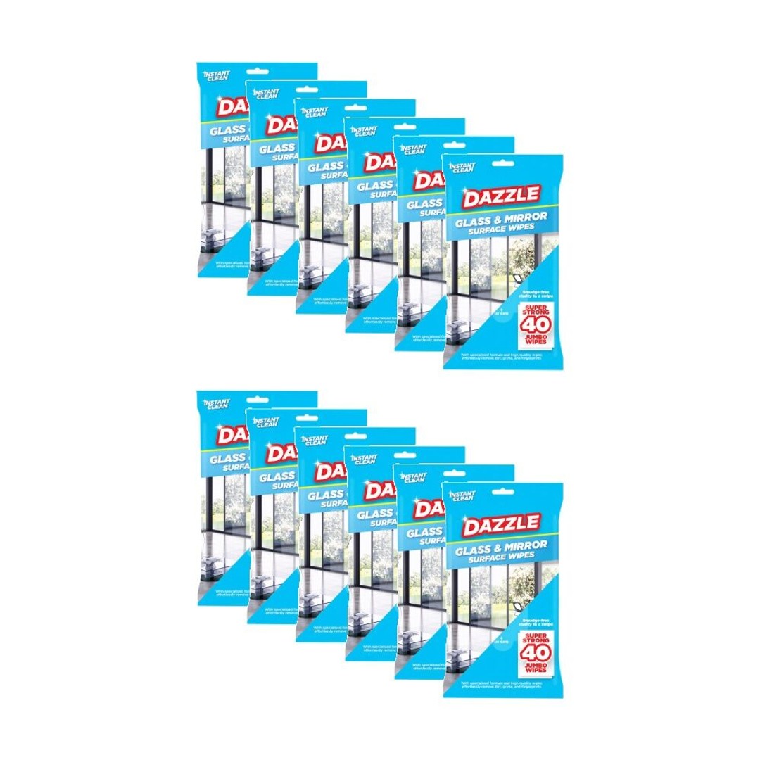 12x 40pc Dazzle Antibacterial Glass & Mirror Super Strong Jumbo Cleaning Wipes