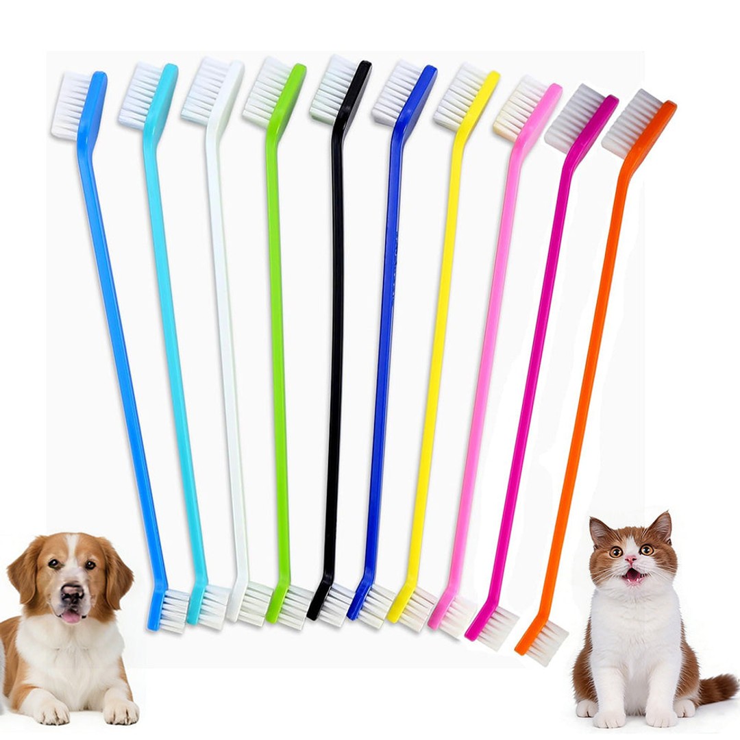 10 Pcs Pet Toothbrush Dual-End Long Handle for Dogs Cats