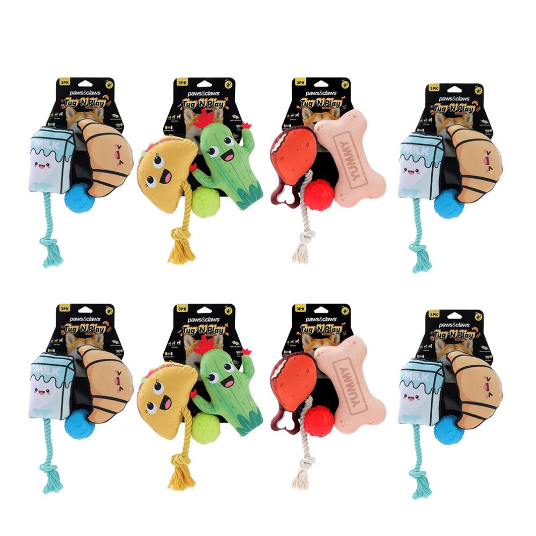 8PK 3pc Paws And Claws Tug 'N Play Squeaky Plush Dog Toy 17x11x5cm Assorted