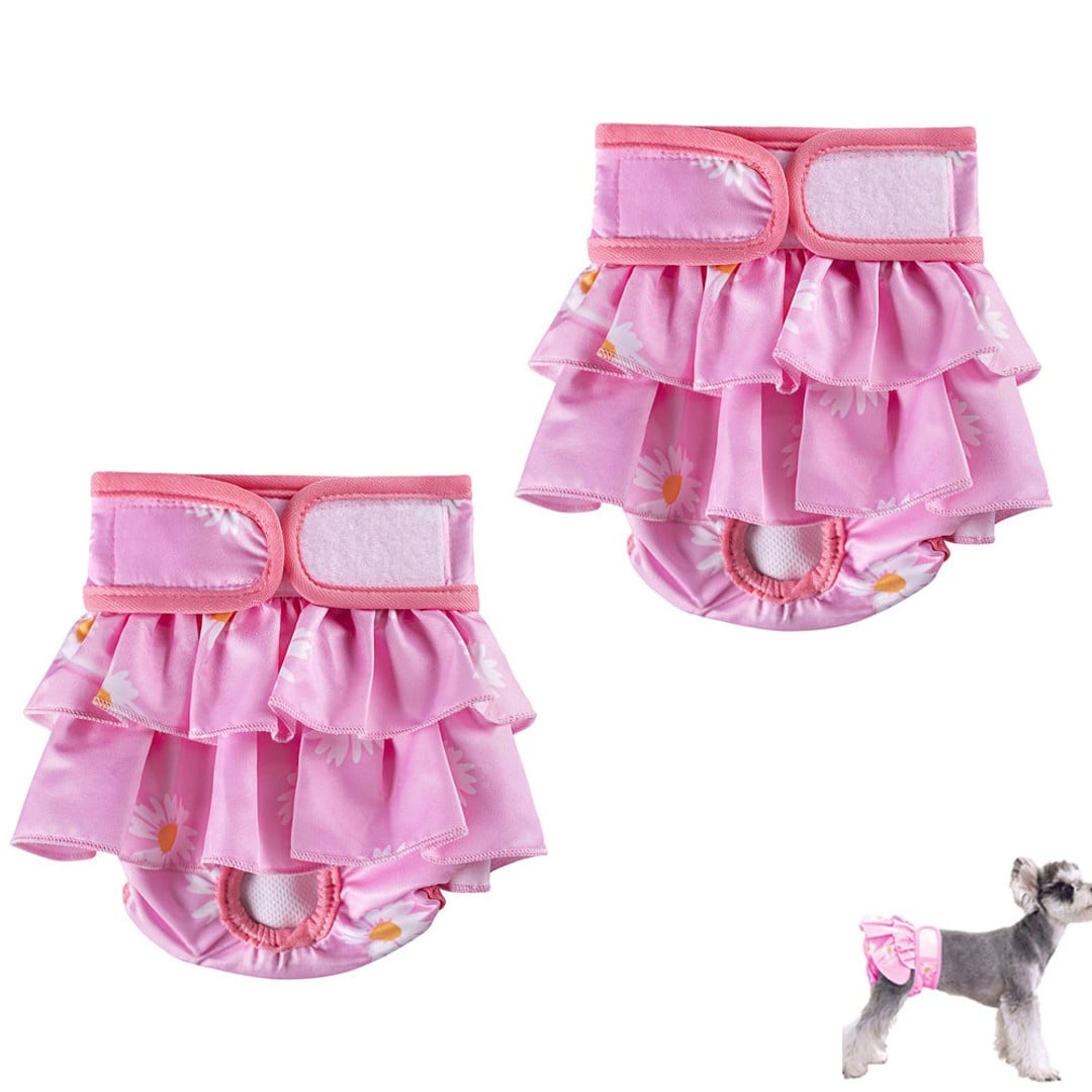 2pcs Washable Reusable Dog Diapers Female Adjustable Sanitary Nappy Pants Underpants for Heat Period Incontinence -Pink