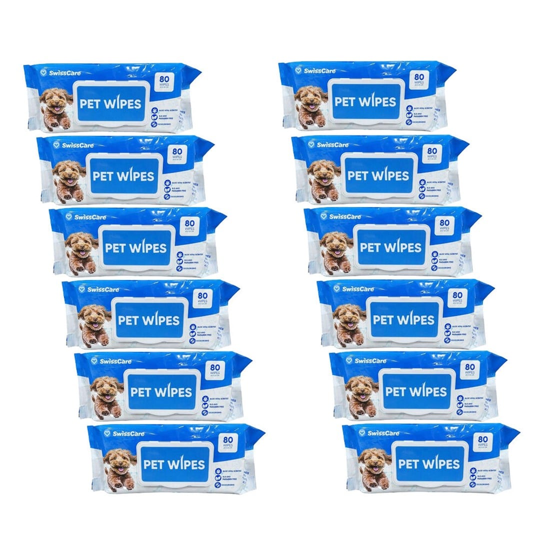 12x 80pc SwissCare Disposable Pet Cleaning Wipes 20x20cm Aloe Vera Scented