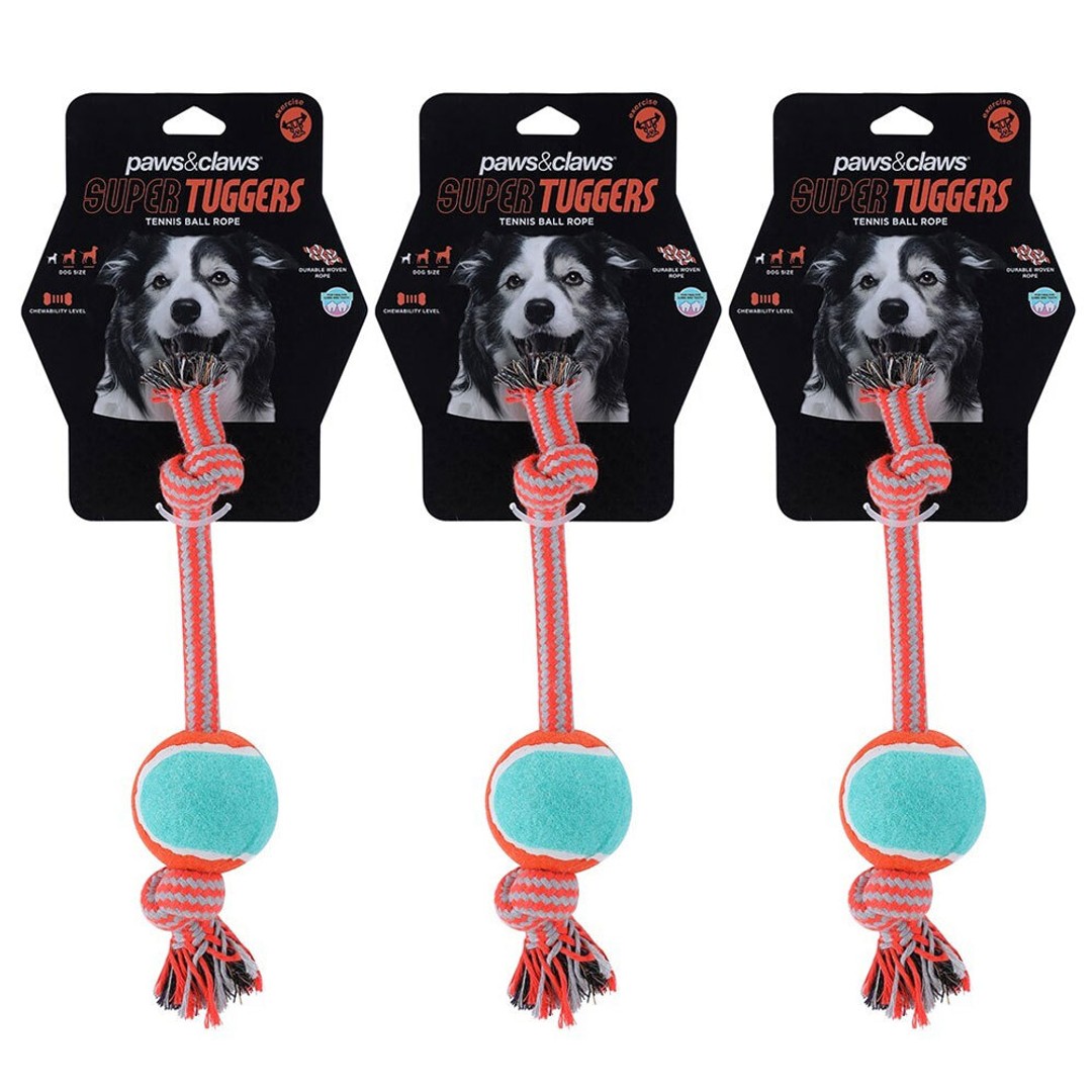 3x Paws & Claws 26cm Super Tuggers Tennis Ball Rope Pet Dog Chew Toy Play Game
