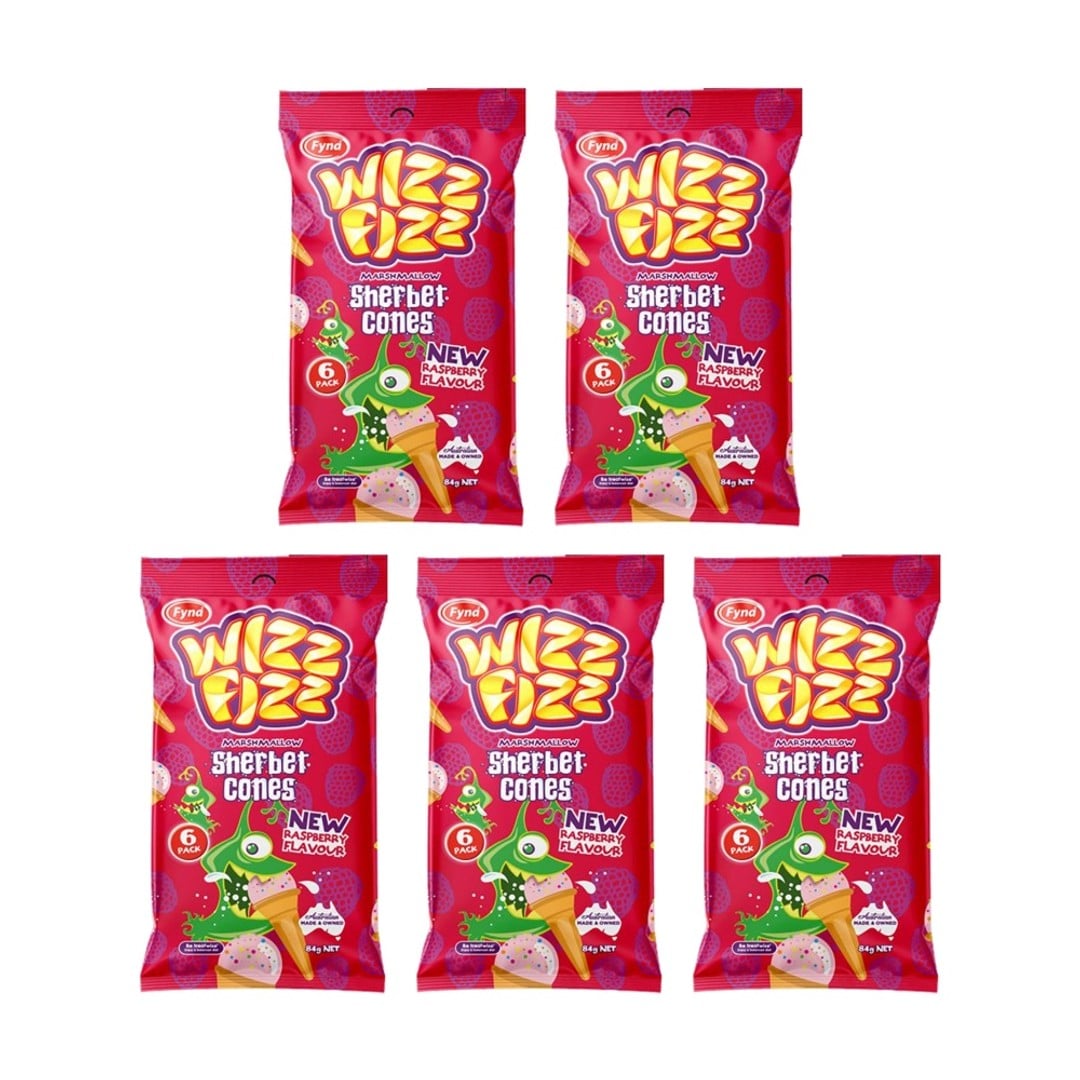 5x 6pc Wizz Fizz Raspberry Cones 84g Fruit Flavour Sour Lollies/Gummies