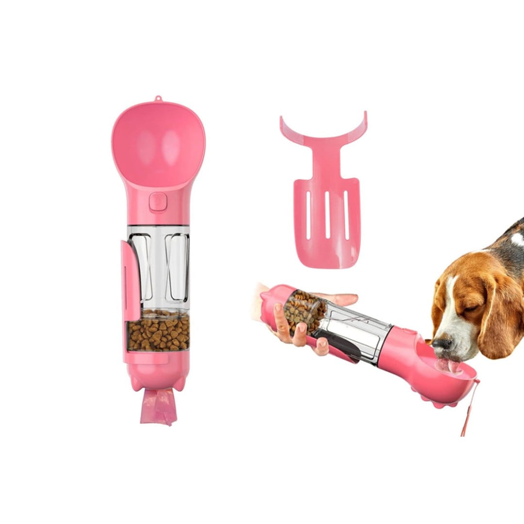 4 in1 Pet Feeder 300ml Dog Cat Water Bottle Travel Pooper Scooper For Outdoor-Pink