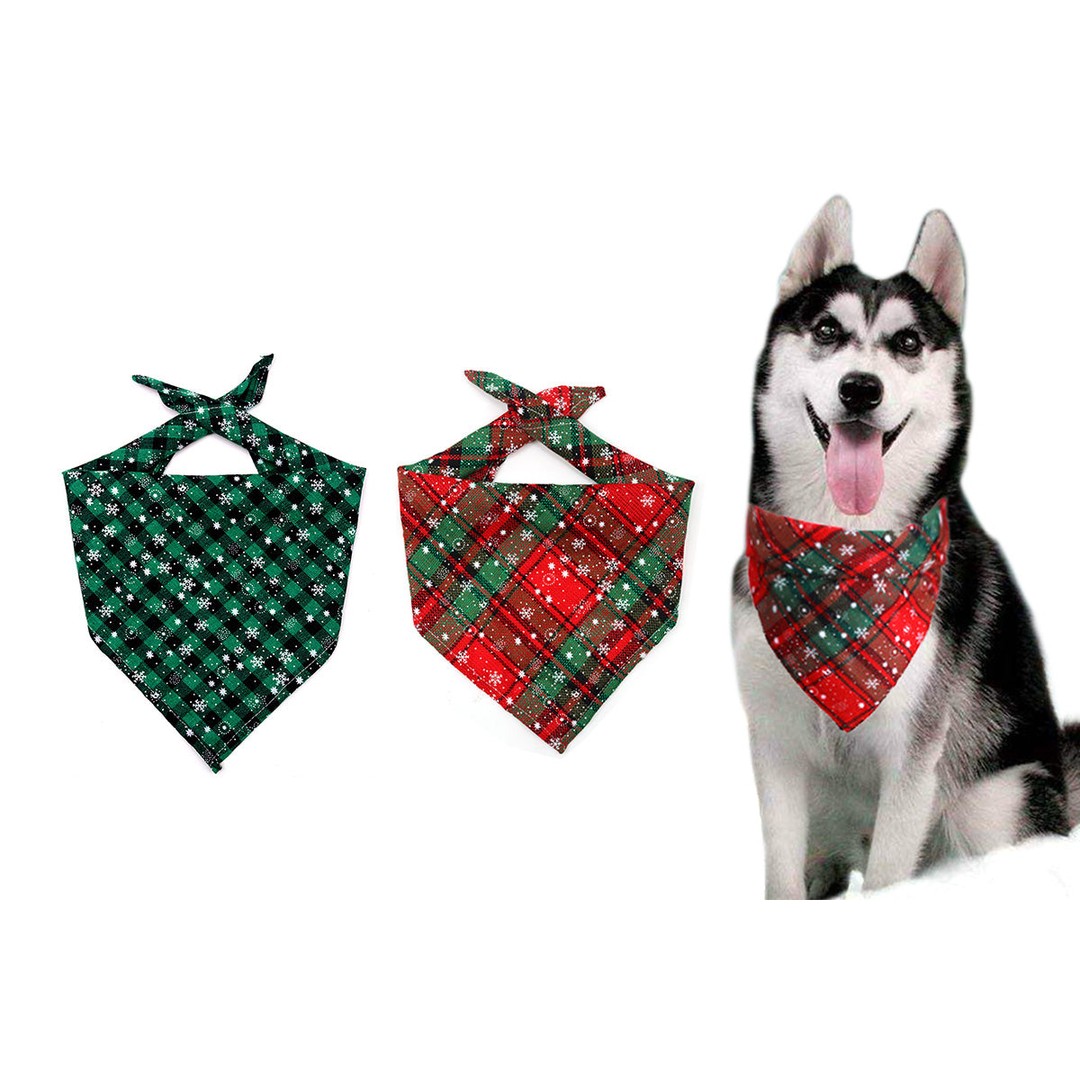 2Pcs Snowflakes Christmas Dog Bandana Buffalo Plaid Pet Scarf Dog Triangle Bandana-Plaid snowflake and Green check snowflake