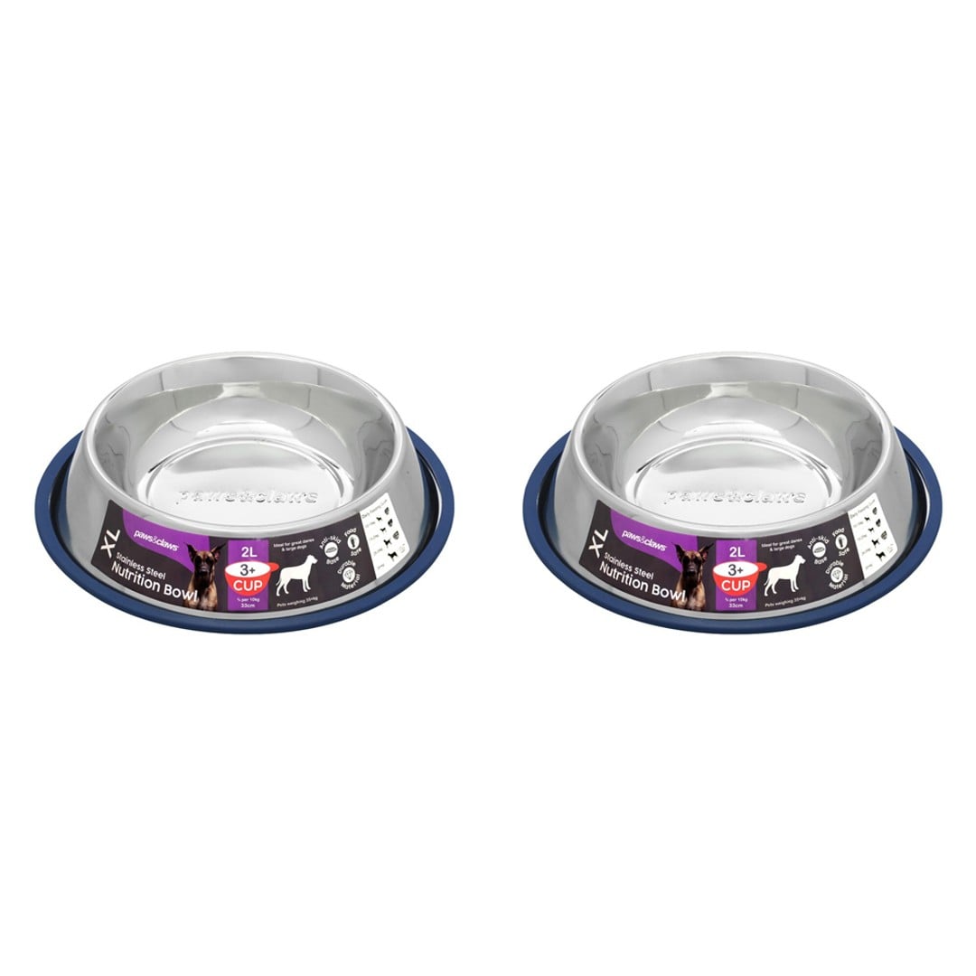 2x Paws & Claws Anti-Skid 2L Stainless Steel Pet/Dog Nutrition Bowl Feeder Blue