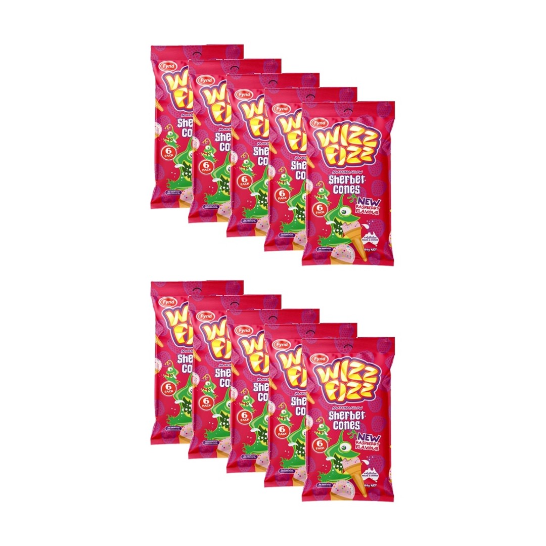 10x 6pc Wizz Fizz Raspberry Cones 84g Fruit Flavour Sour Lollies/Gummies