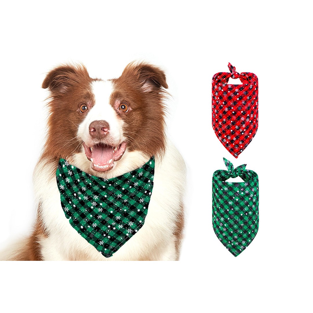 2Pcs Snowflakes Christmas Dog Bandana Buffalo Plaid Pet Scarf Dog Triangle Bandana-Green check snowflake and Red check snowflake