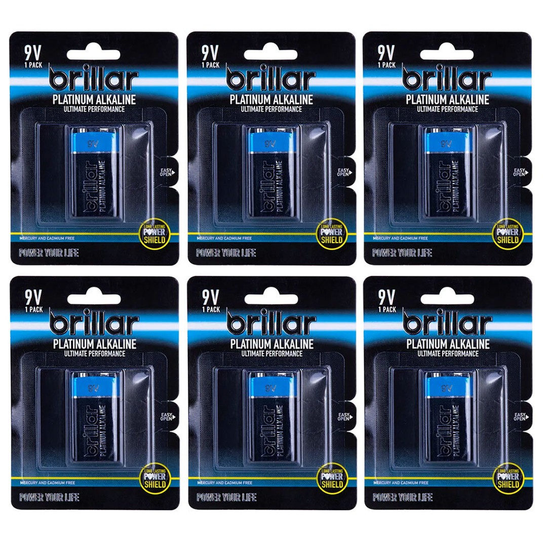 6x Brillar High Power Platinum Alkaline Single Use/Disposable Batteries 9V 6LR61