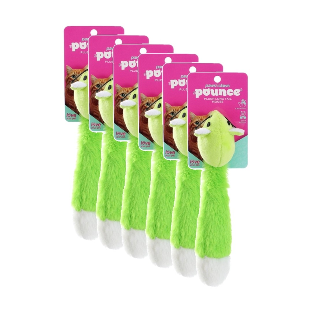 6x Paws And Claws Plush Long Tail Mouse Cat Batting/Pouncing Toy Assorted
