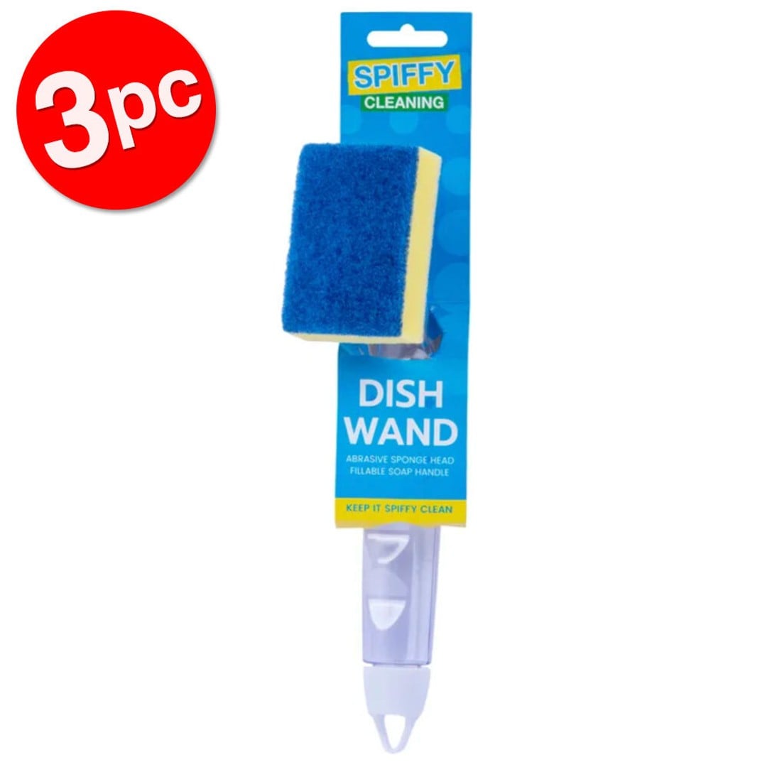 3x Spiffy Dish Wand Cleaning Kitchen Glass Scrubber/Sponge w/ Soap Dispenser