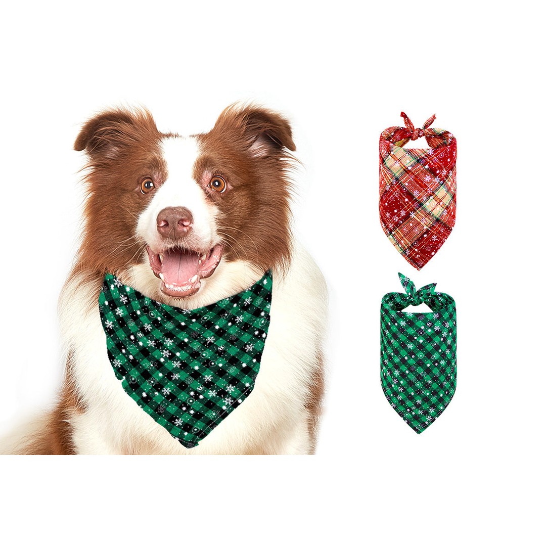 2Pcs Snowflakes Christmas Dog Bandana Buffalo Plaid Pet Scarf Dog Triangle Bandana-Wine red check snowflake and Green check snowflake