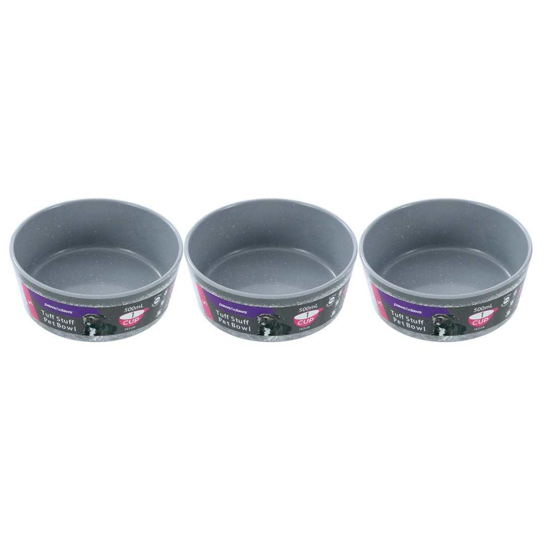 3x Paws & Claws Medium 14.5cm/500ml Tuff Stuff Pet/Dog Bowl Food/Dish Feeder GRY
