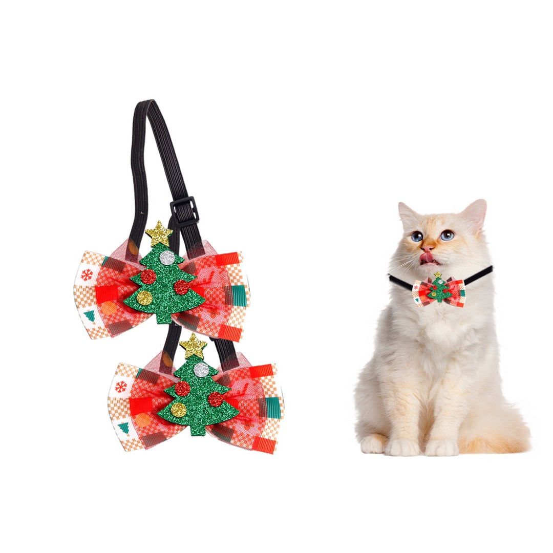 2Pcs Christmas Pet Bow Tie With Bell and Bow Dog Bow Tie Cat Kitten Plaid Collar-Style 1