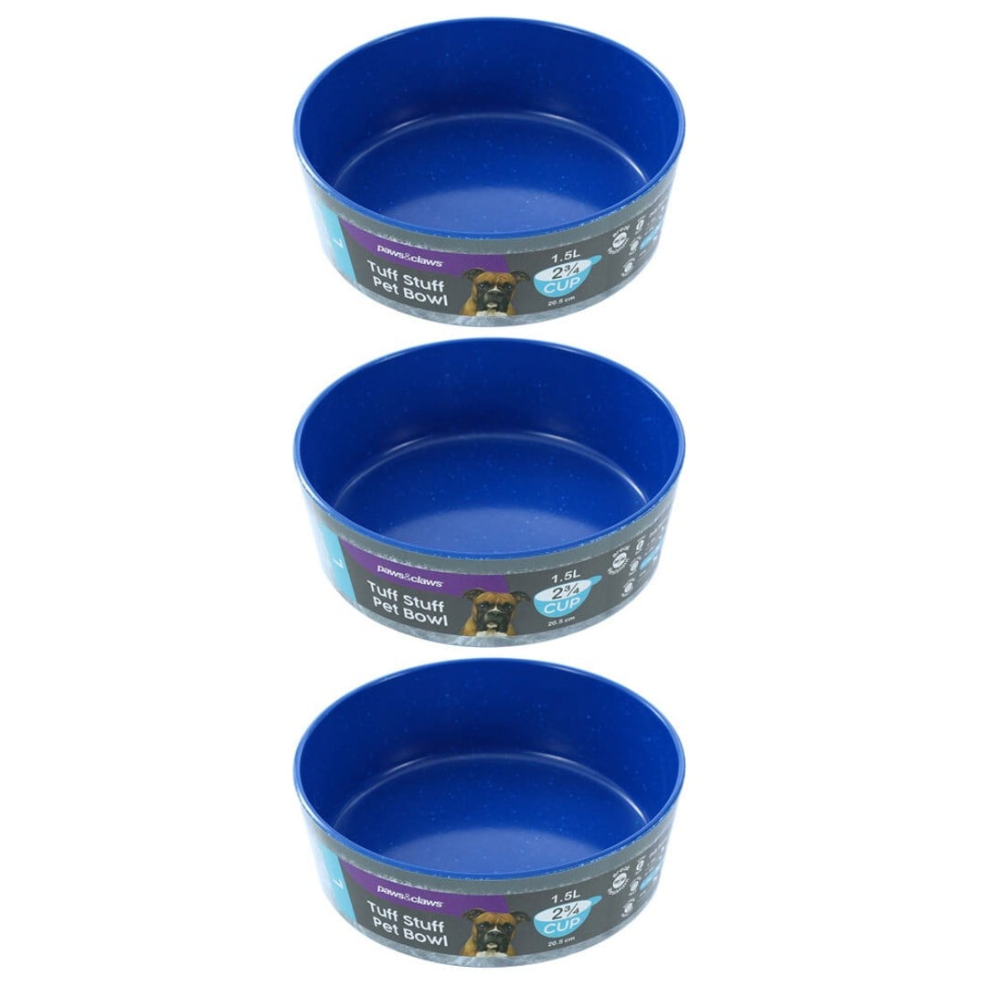 3x Paws & Claws Tuff Stuff Pet Dog Bowl 1.5L/20.5cm Food Water Feeder Blue Large