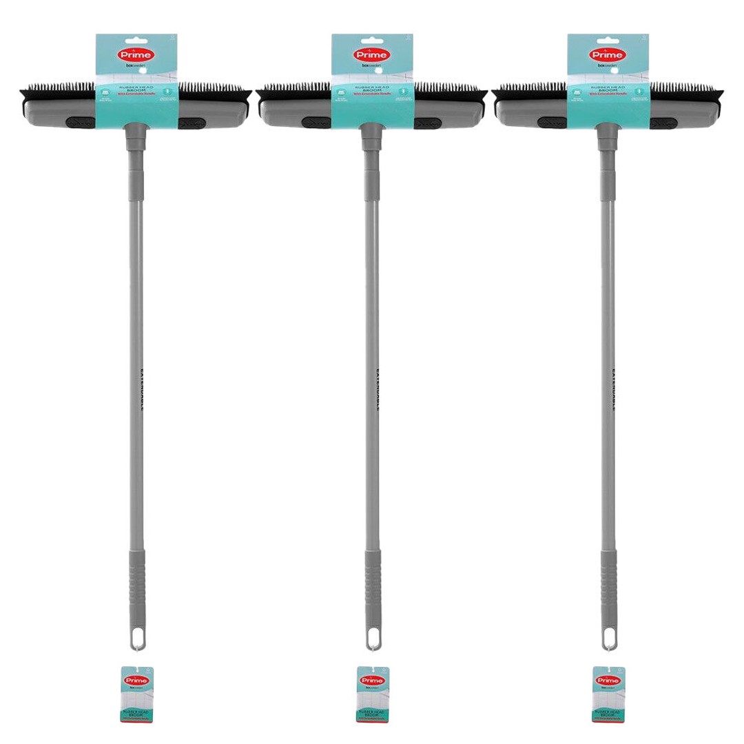 3PK Boxsweden Prime Rubber Head Outdoor/Indoor Broom w/ Extendable Handle Assrtd