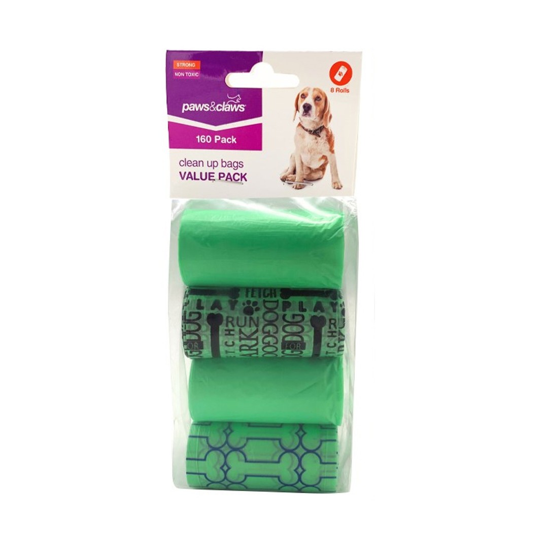 8PK Paws And Claws Pet/Dog Waste Clean Up Bags Value Pack 160 Bags Assorted