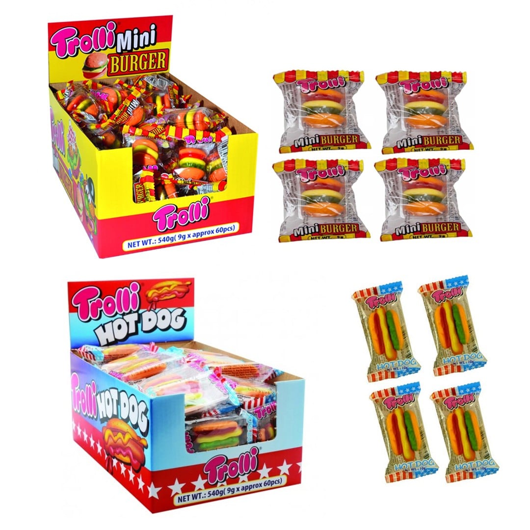 60PK Trolli Mini Burger & 60PK Trolli Hot Dog 1.08kg Candy Soft Lolly Combo