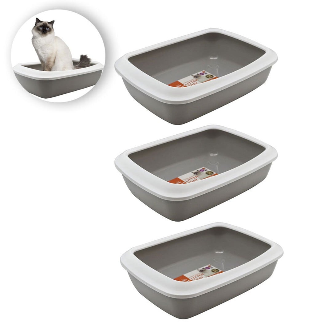 3x Paws & Claws 42cm x 13cm Pets/Cat/Kitten Litter Tray w/ Mess Guard White/Grey