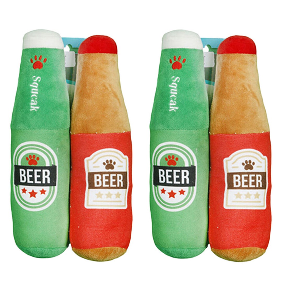 2x 2pc Pro Pet Care Beer Bottle Set Plush Dog Toy With Squeaker 24cm