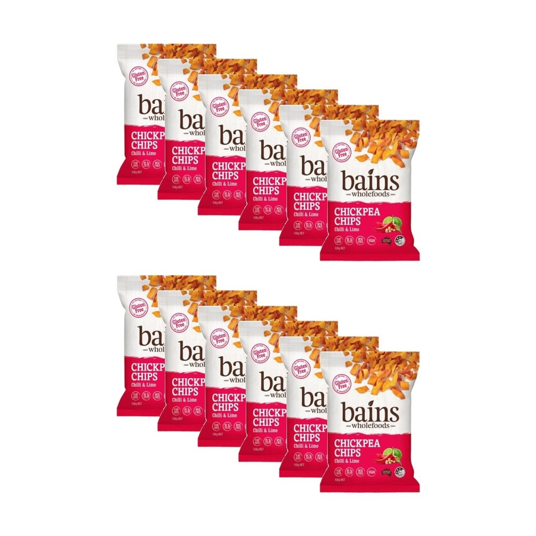 12PK Bains Wholefoods Chickpea Chips Chilli & Lime Flavoured Snack 100g