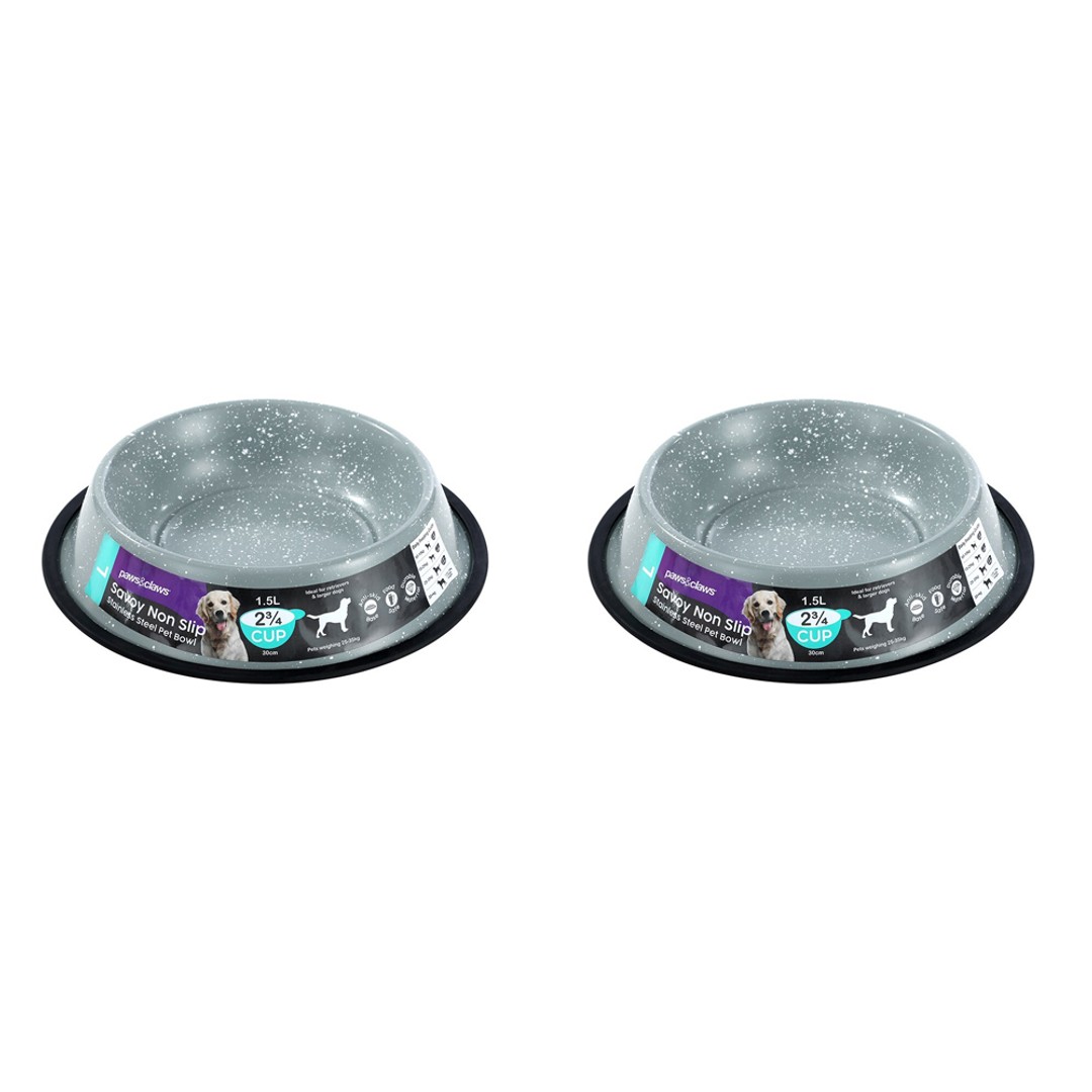 2x Paws & Claws Savoy 1.5L/29cm Pet/Dog Stainless Steel Food Bowl Non-Slip Grey