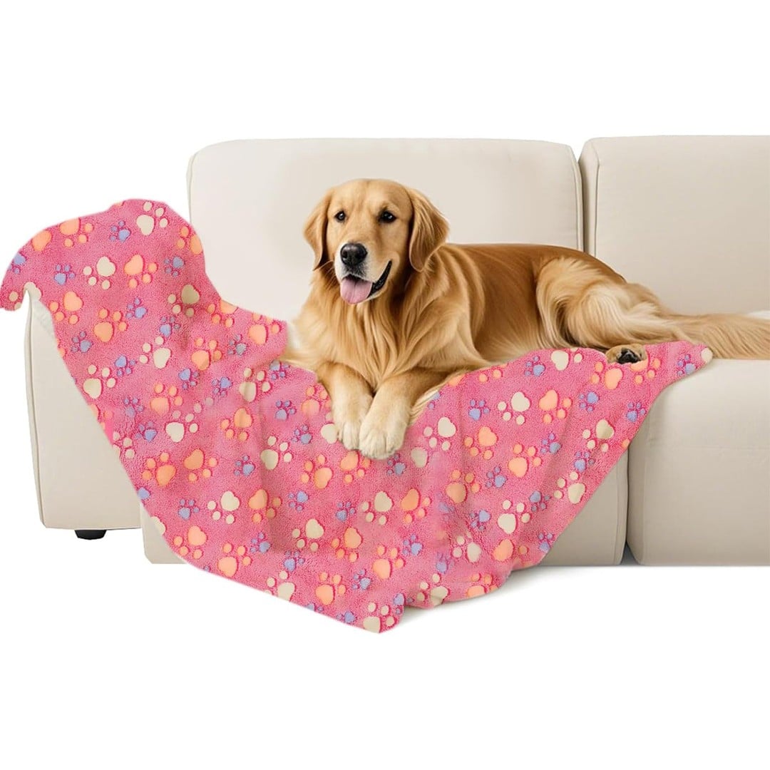 107x75cm Fluffy Fleece Dog Blanket Mat Paw Print Puppy Kitten Throw Blanket -Pink