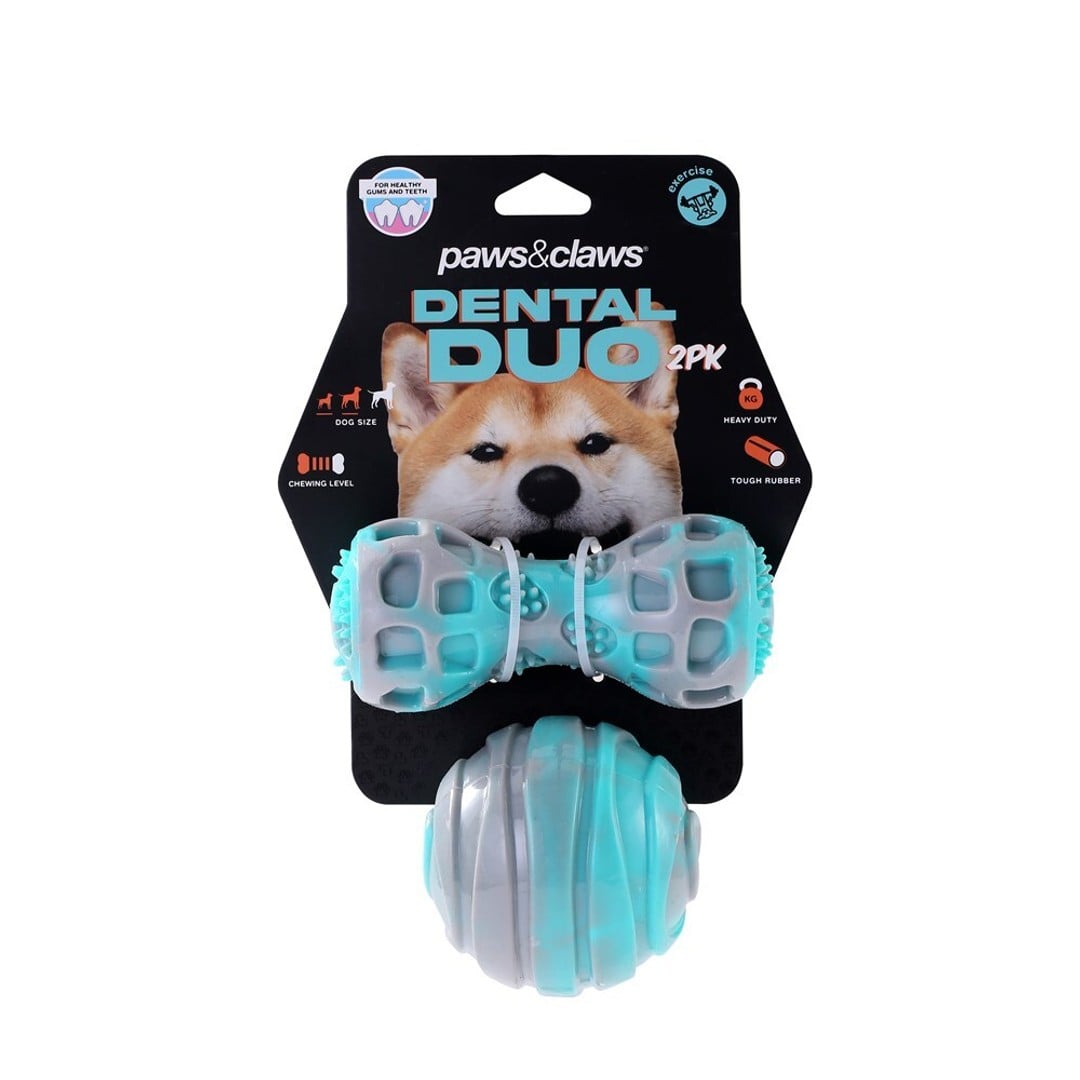 2pc Paws & Claws Dental Duo Pet Dog Teeth Clean Rubber Chew Ball/Baton Toy Blue