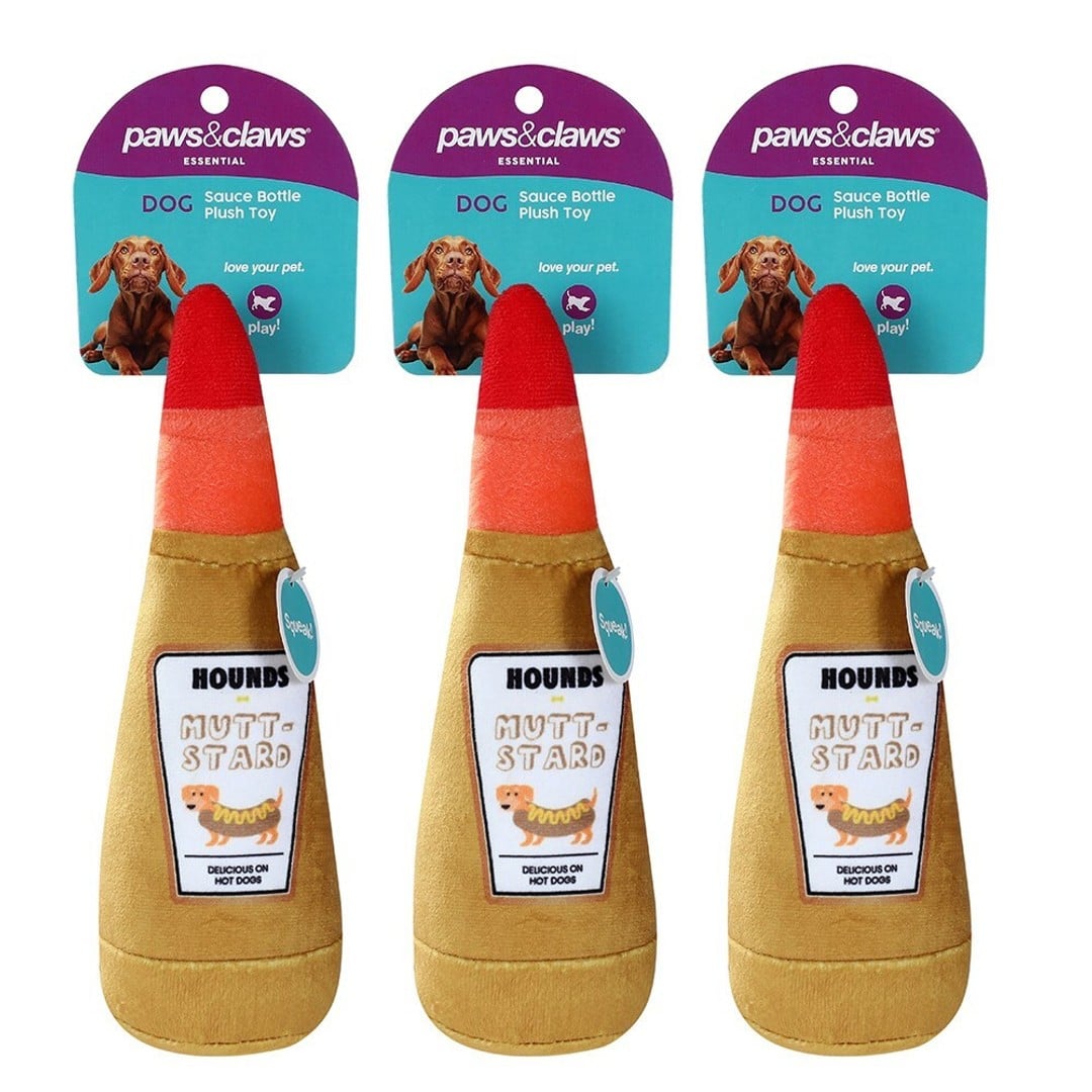 3x Paws & Claws Pet Dog 20x8cm Soft Plush Toy Mustard Bottle w/ Squeaker Yellow