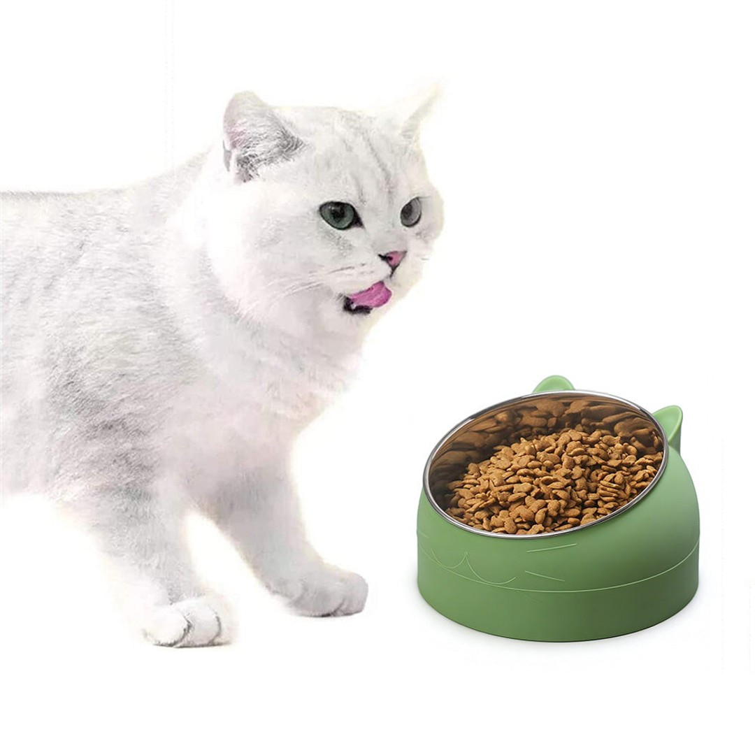 400ml Stainless Steel Tilted Pet Bowl Non-Slip Raised Feeder for Cats and Dogs-Green