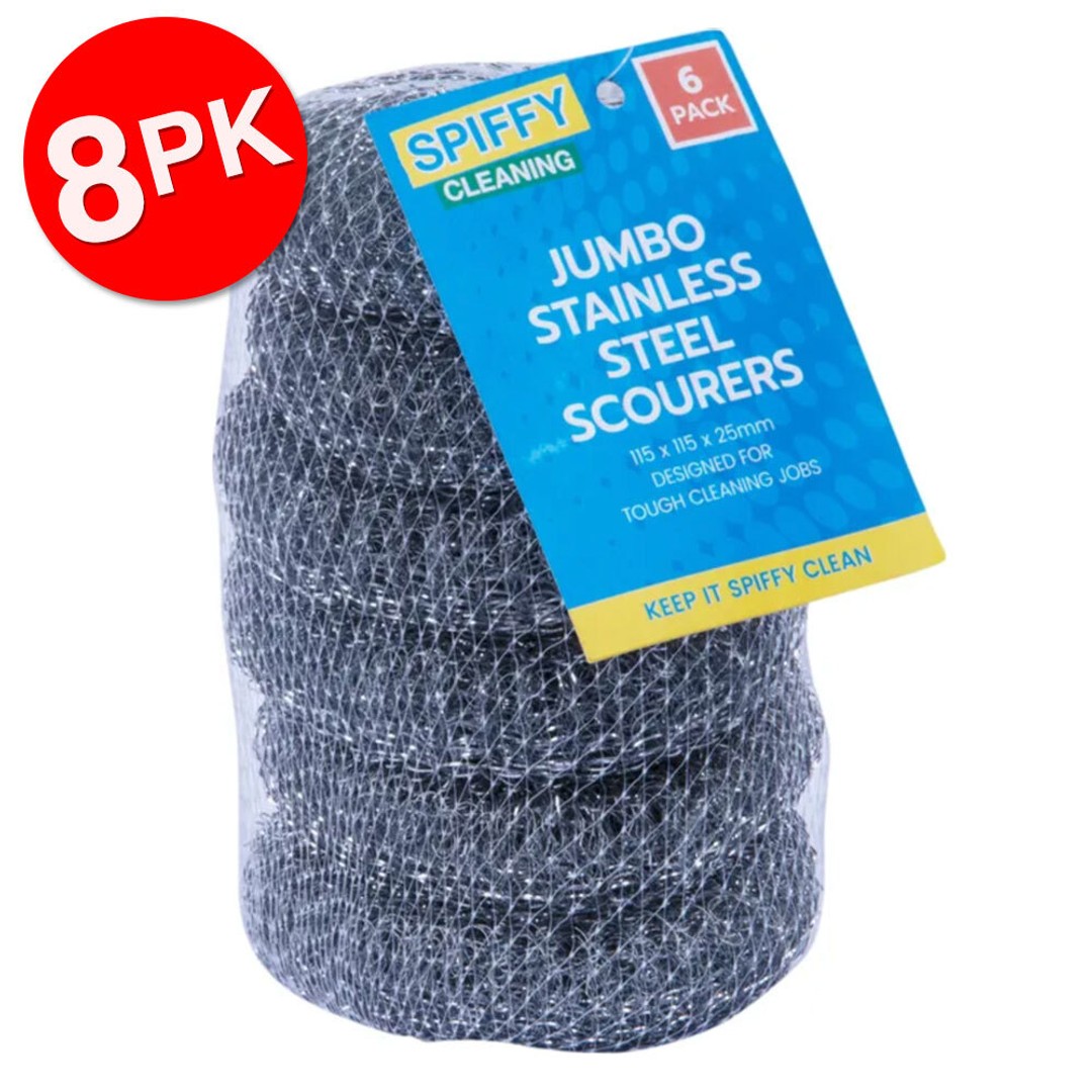 8x 6PK Spiffy 11cm Jumbo Heavy Duty Stainless Steel Dishwashing Scourers Scrub