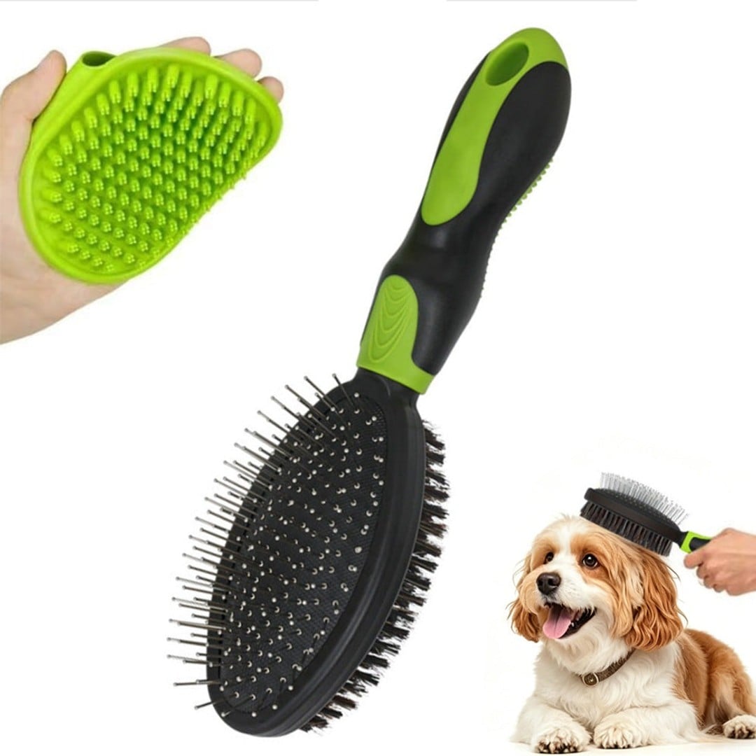 2 Pack Pet Grooming Brush Set Deshedding Double Sided Comb Massage Brush for Cats Dogs Horses-Green
