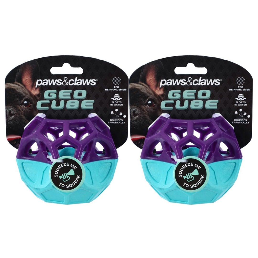 2x Paws & Claws Dog 8.5cm Geo Floating TPR Cube Ball w/ Squeaker Interactive Toy