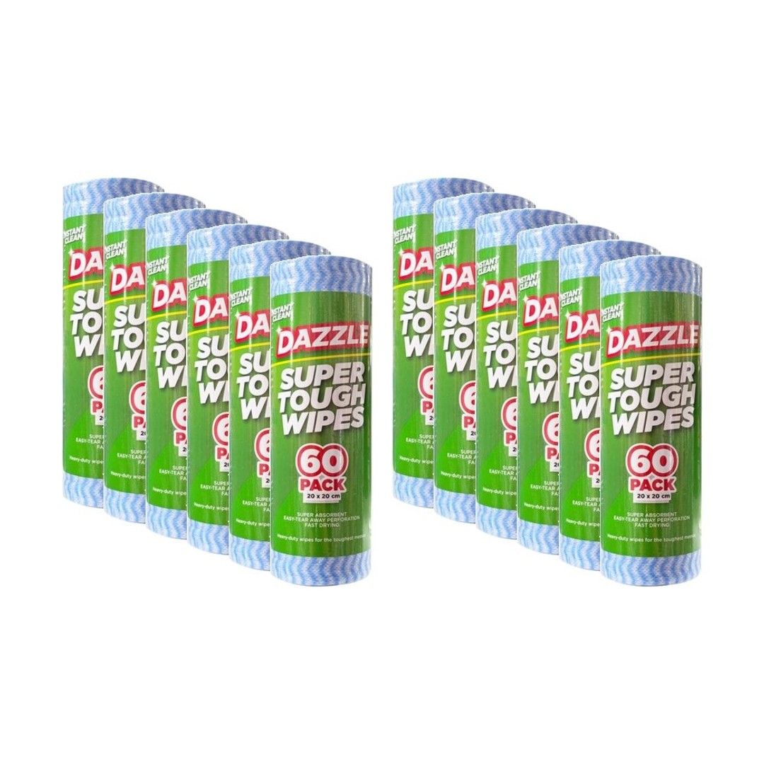 12x 60pc Dazzle Super Tough Heavy Duty Cleaning Wipes 20x20cm Blue