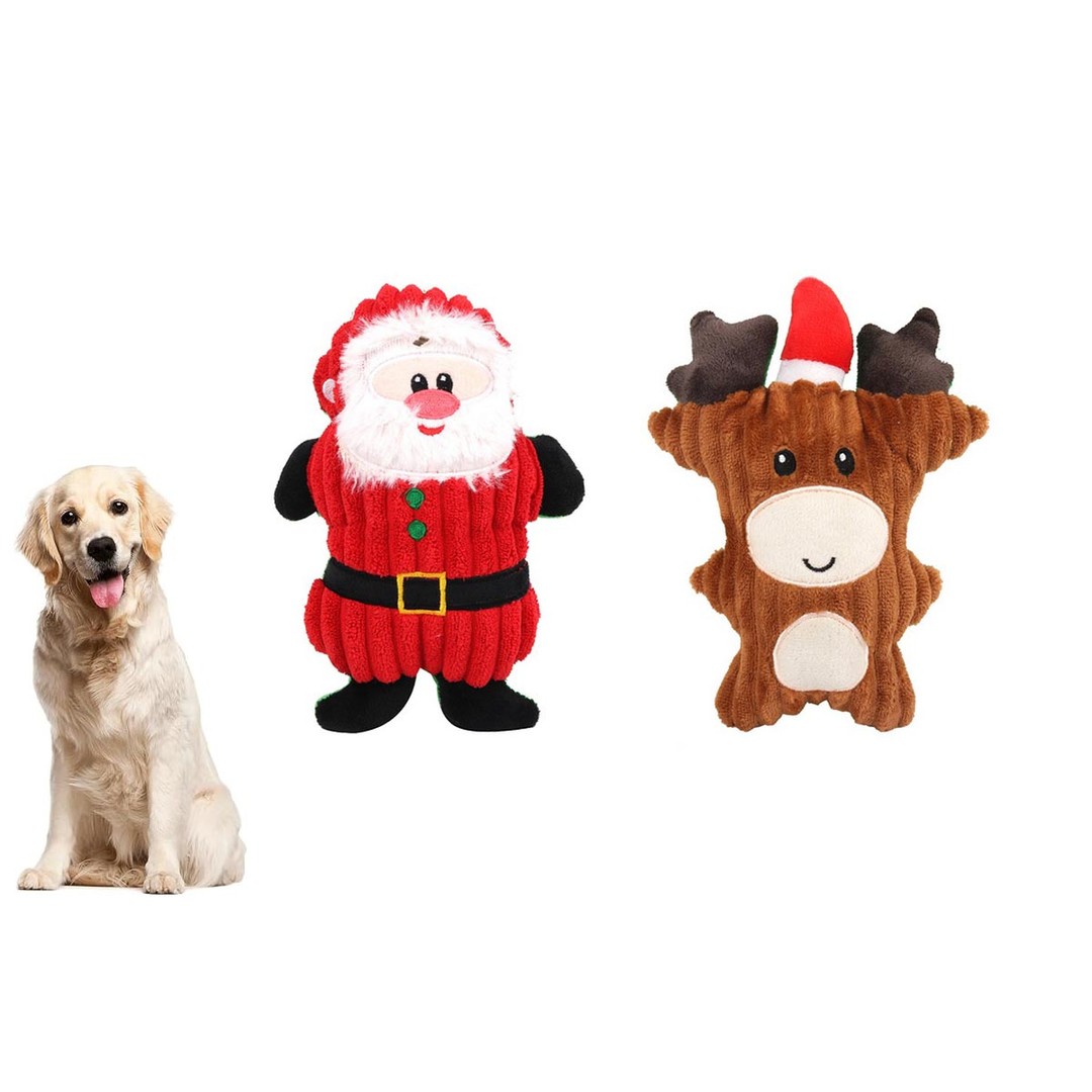 2Pcs Christmas Squeaky Plush Soft Dog Toys Interactive Durable Dog Chew Toys-Santa Claus And Christmas Elk